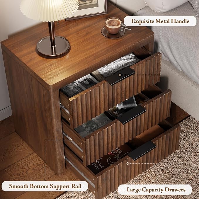 Night Stand with 3 Drawers, Fluted Bed Side End Table with Metal Handle - Image 5