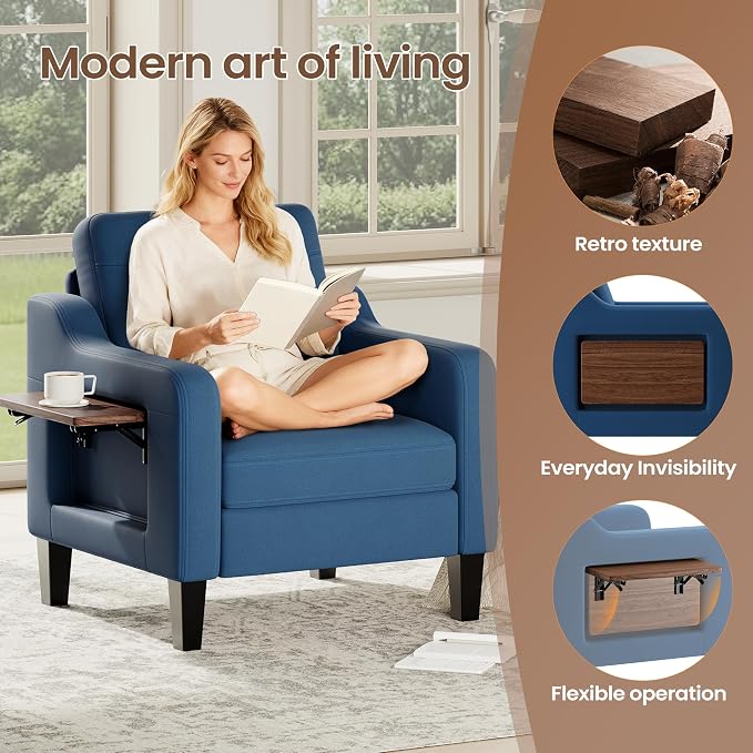 Accent Chair for Living Room Modern Linen Upholstered Armchair Side Wooden - Image 4