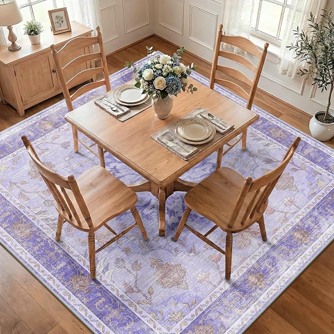 RELEANY Area Rugs Square 8ft Washable Non-Slip, Floral Vintage Distress Print - Image 2