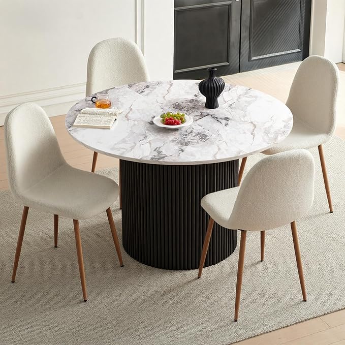 Dining Table Set for 4, Mid Century Modern 47 Inch White Marble-Look Wooden - Image 7