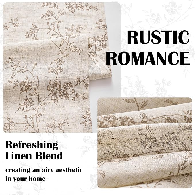 Lazzzy Taupe Floral Linen Curtains 84 Inch Farmhouse Curtain Back Tab Drapes - Image 6