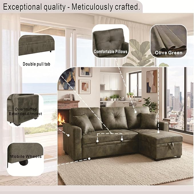 L Shaped Sectional Couch with Storage and Pull Out Bed, 3 Seater Sleeper Sofas - Image 9