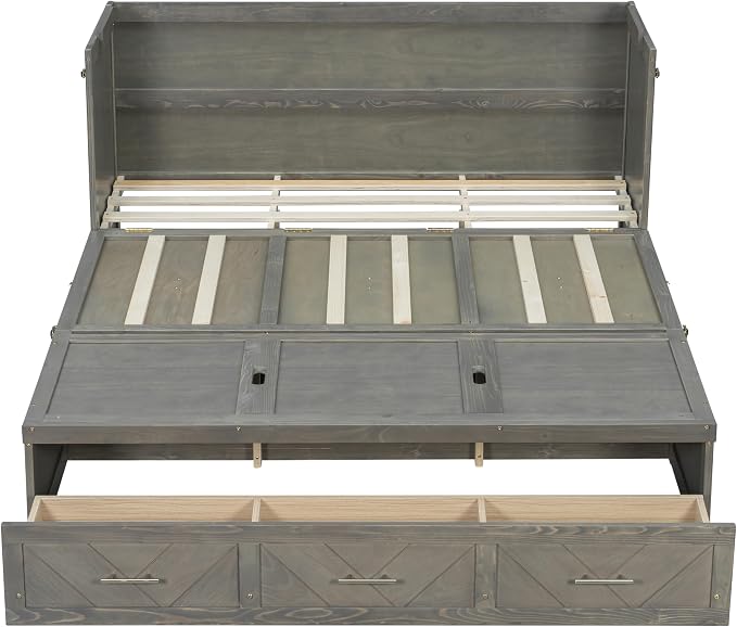 KEIKI Queen Murphy Bed Cabinet Charging Station & Geometrical Panel, Pine Wood - Image 9