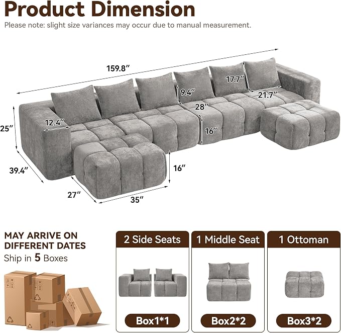 160" Boneless U-Shaped Sofa Couch - Image 2