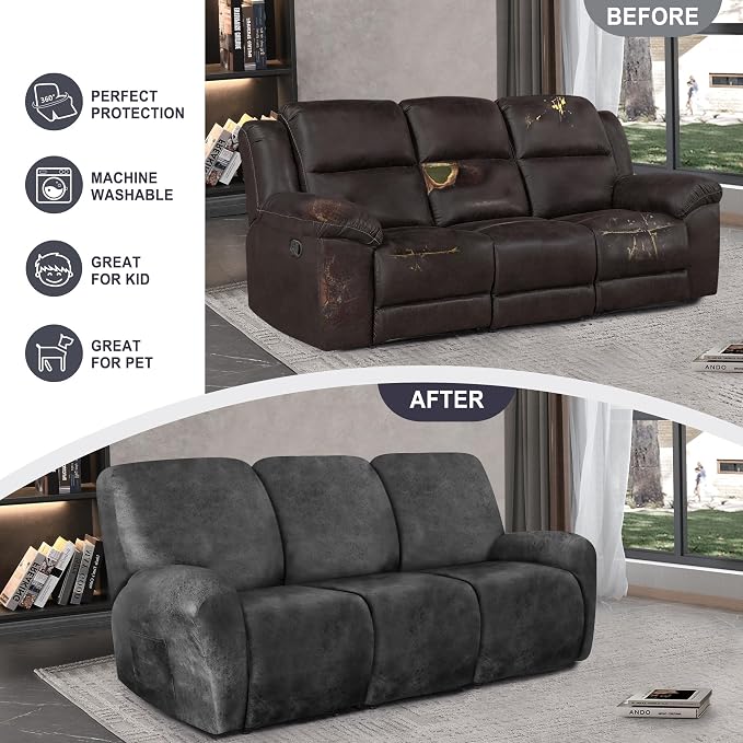 ANARACHON Leather Look Recliner Couch Cover, 8-Pieces Stretch Recliner Sofa - Image 6