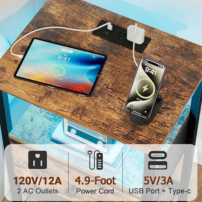 LOAKEKEL Nightstand with Charging Station, End Table with Fabric Drawer - Image 4
