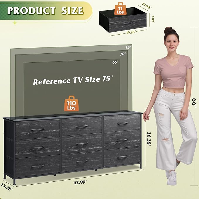 WLIVE 63''W Dresser for Bedroom, 75 inch TV, Wide Chest of Drawers - Image 3