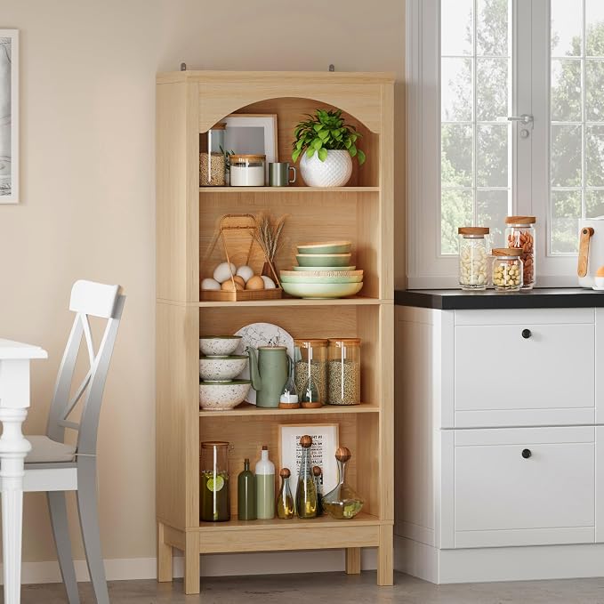 Arched Bookshelf with 4 Tier Open Shelves, Study and Living Room, Natural Oak - Image 8