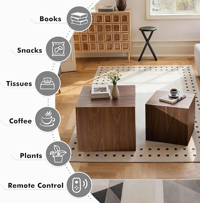 Square Nesting Tables for Living Room, Wood Nesting Coffee Table Walnut Veneer - Image 4