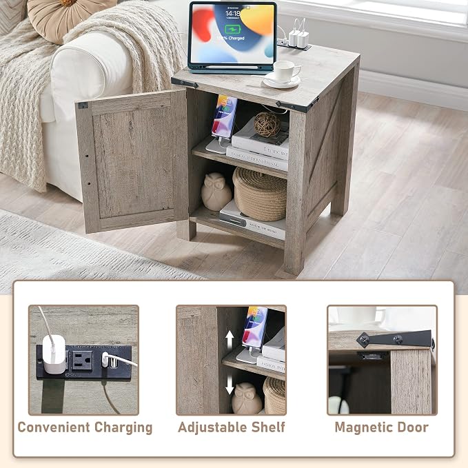 OKD Nightstand with Charging Station, 18 Inch Farmhouse End Table with Barn - Image 3