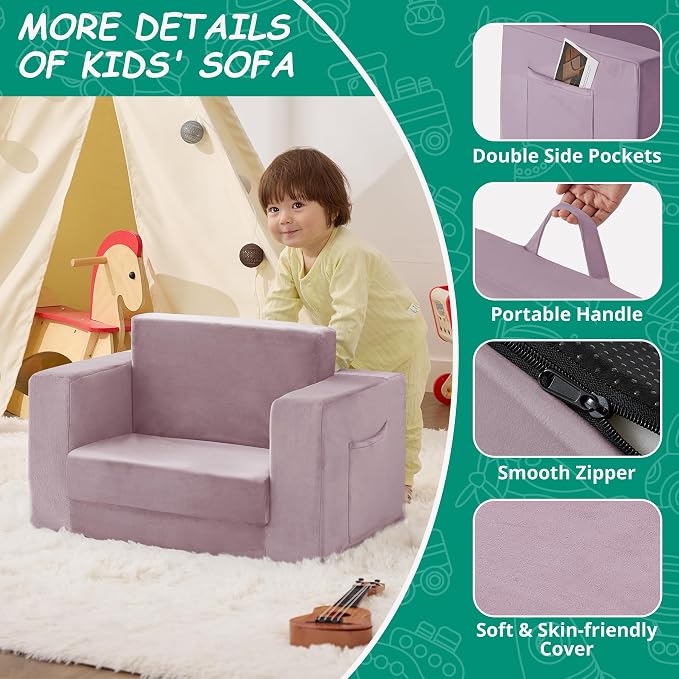 Kids Couch, 2-in-1 Toddler Chair Comfy 1-3 Years, Convertible Kids Chair - Image 4