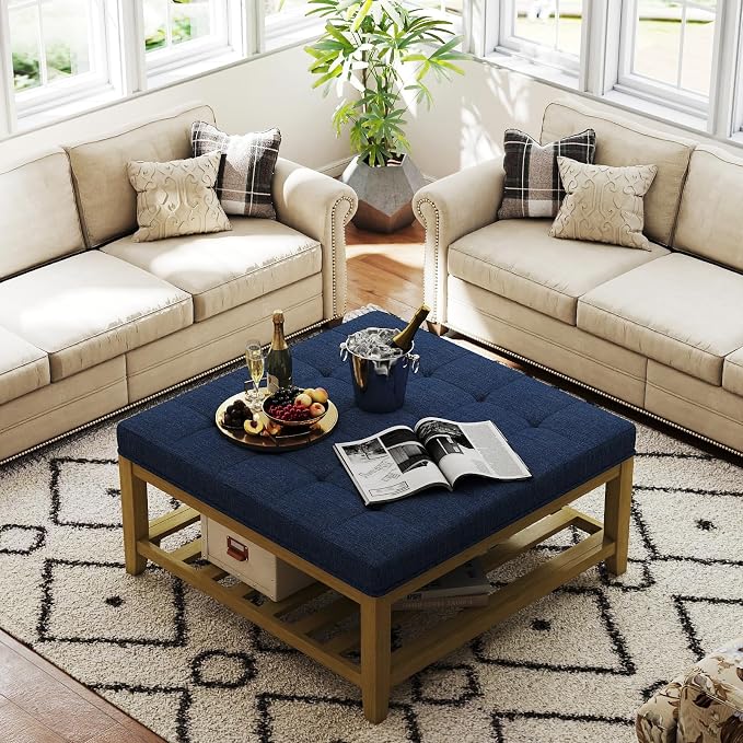 Befurtori Large Square Ottoman Coffee Table, Linen Solid Upholstered Footrest - Image 4