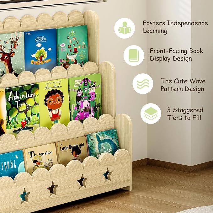 EXPERLAM Scalloped Kids Bookshelf, 3-Tier Front Facing Toddler Bookshelf - Image 3