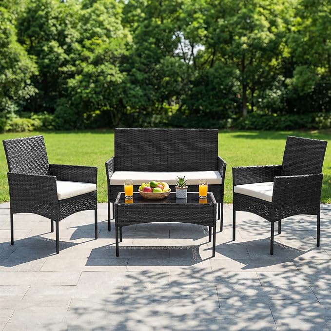 DUMOS 4 Piece Patio Furniture Set, All-Weather Outdoor Wicker Conversation Set - Image 2