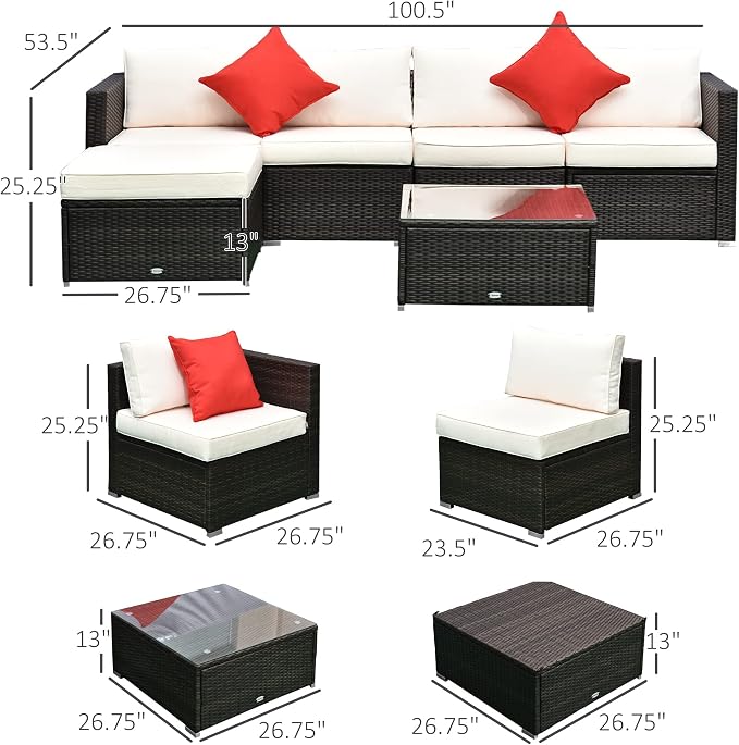 Outsunny 6 Piece Patio Furniture Set Outdoor Wicker Conversation Set All - Image 7