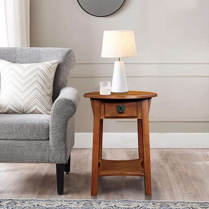 Leick Home Mission End Table, Solid Wood, 18 in. Round, 1 Storage Drawer - Image 2