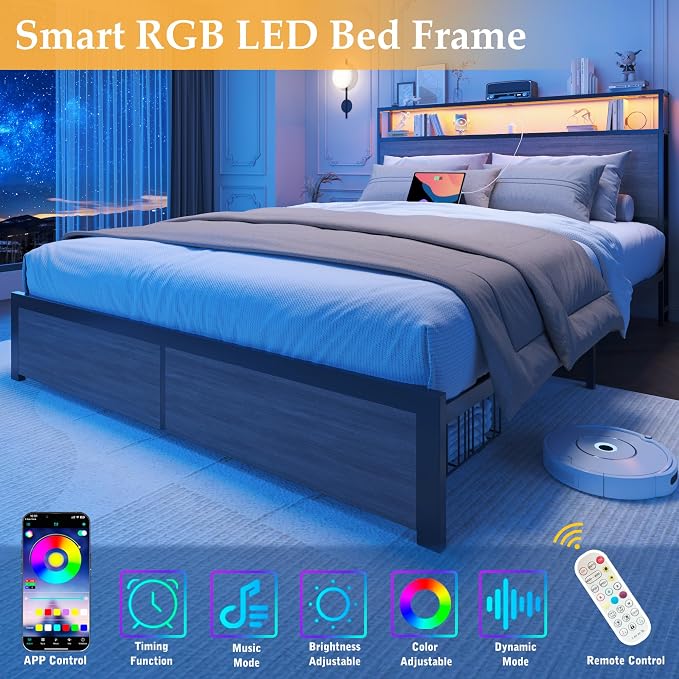 Lifezone Queen Bed Frame with 2-Tier Storage Headboard, Bedroom Metal Bed Frame - Image 3