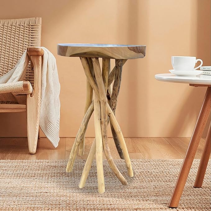 Greenage Teak Branch Coffee Table 15.7"x15.7"x27.6" Wooden Live Edge Side Table by Organicwooddesignsexudingvitality