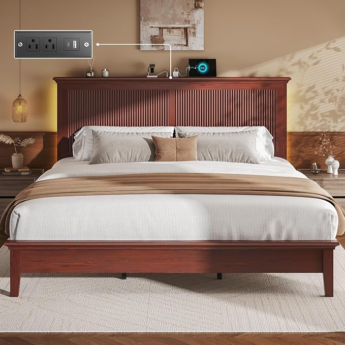 Lifezone King Bed Frame with Headboard, Solid Wood Bed Frame King Size with - Image 6
