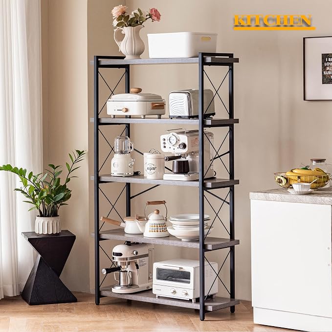 HCHQHS Bookshelf, 5-Tier Industrial Bookcase, Rustic Open Book Shelf, - Image 4