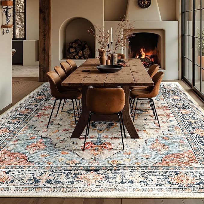 Area Rugs 10'x14' Washable Non-Slip, Floral Vintage Distress Print Pattern - Image 4