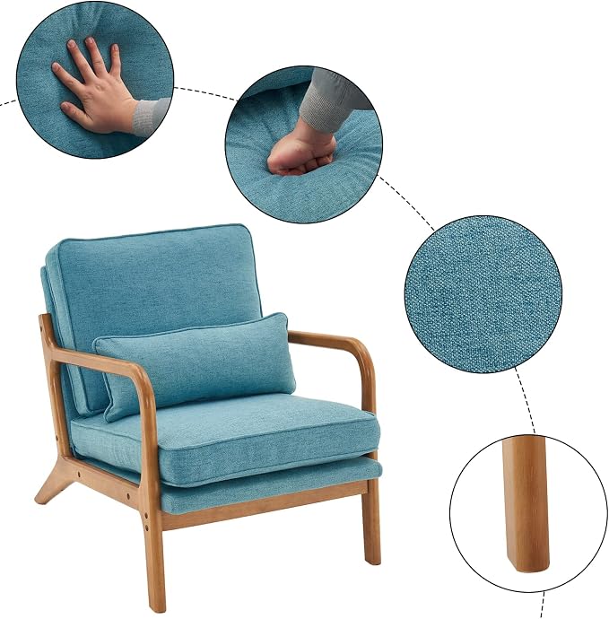 Bonnlo LinenTeal Mid Century Modern Accent Chair, Soild Wood Padding Lounge - Image 4