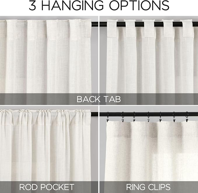 Nanspring Beige White Linen Curtains 96 Inches Long 2 Panels Set - Image 2