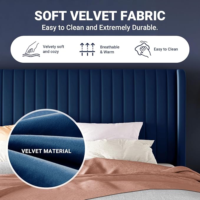 Allewie King Size Velvet Bed Frame/Vertical Channel Tufted Wingback - Image 6