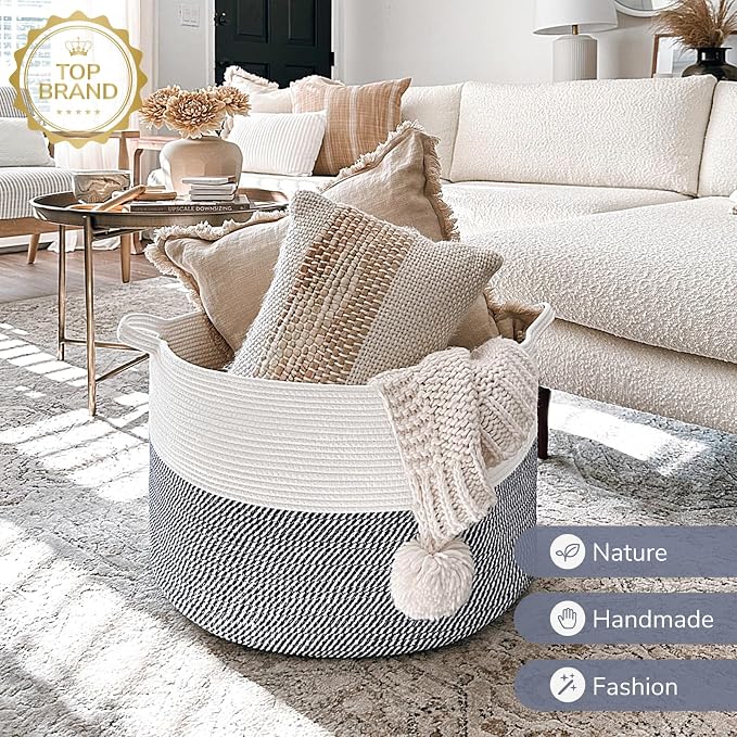 INDRESSME XXXLarge Cotton Rope Basket 21.7" x 21.7" x 13.8" Woven Baby Laundry - Image 6