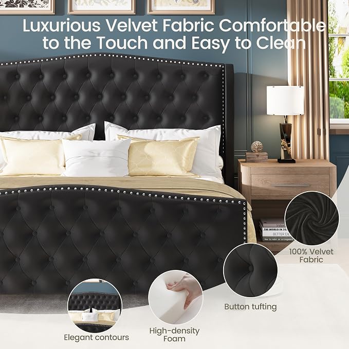 LARMACE Queen Size Bed Frame Velvet Upholstered Platform Bed - Image 5