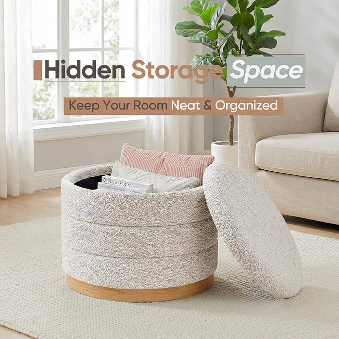 Round Storage Ottoman with Tray Lid, Folding Chenille Fabric Footrest with - Image 4