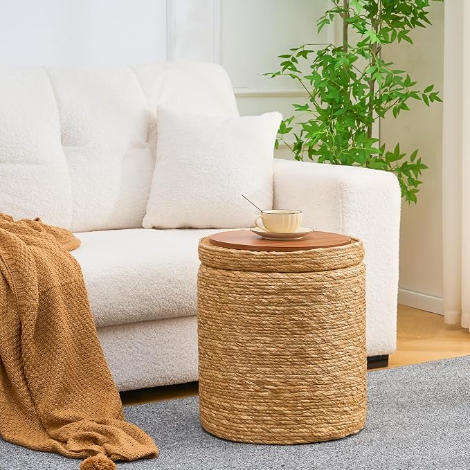 Wimarsbon Round Pouf Ottomans, Handwoven Natural Water Hyacinth Seagrass Pouffe - Image 6