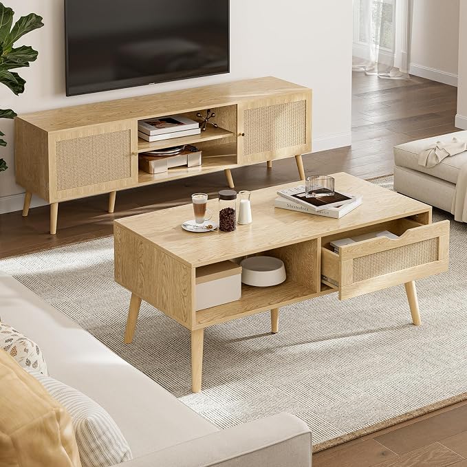 ZttRiee Coffee Table with Storage, Boho Dining Table with Rattan Drawer and - Image 3