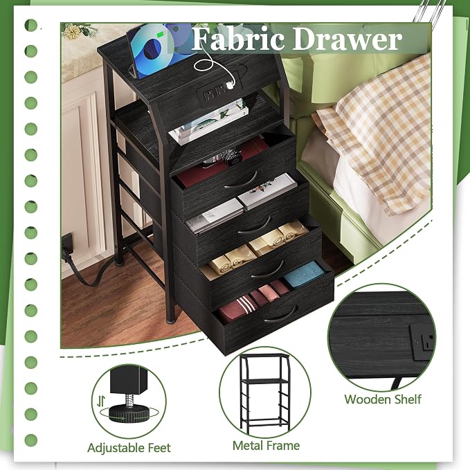 Furnulem Night Stand with Charging Station, 4 Drawer Dresser with Storage Shelf - Image 7