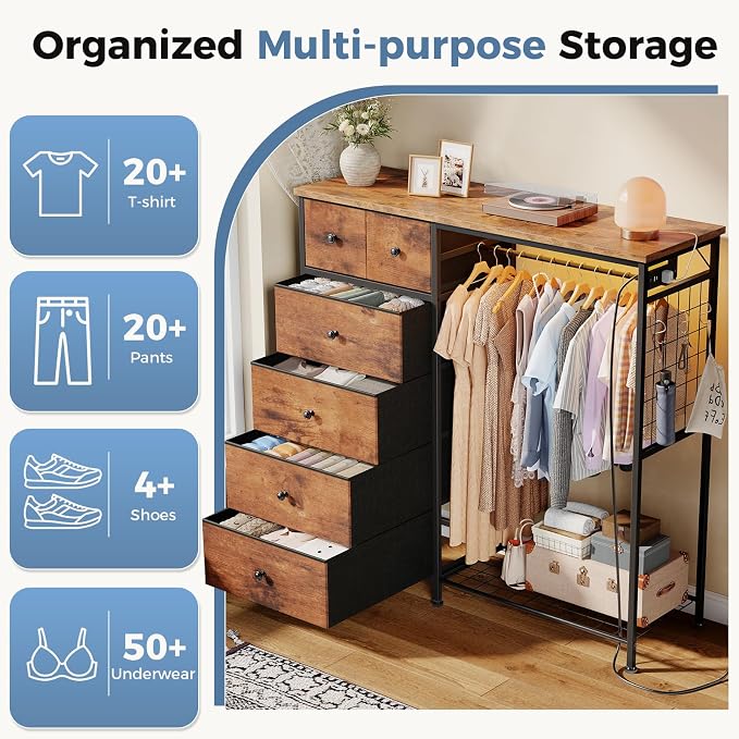 DUMOS Dresser for Bedroom with Hanging Rack, 6 Drawer Fabric Dresser with - Image 5