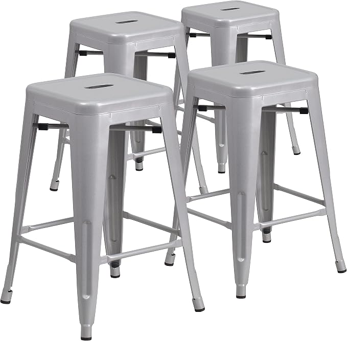 Flash Furniture Lily 4 Pack Commercial Grade 24" High Backless Silver Metal by FlashFurniture