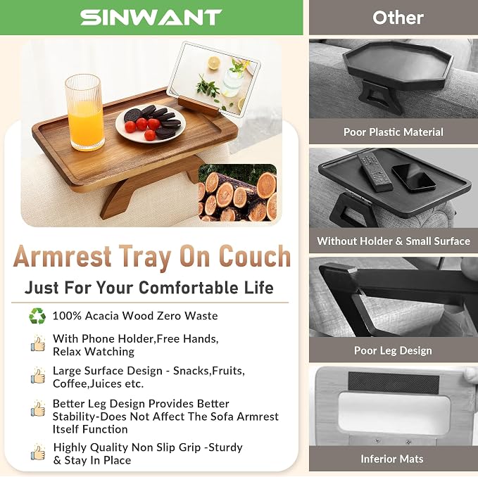 SINWANT Couch Arm Table, Acacia Wood Sofa Arm Rest Tables Couch Armrest Table - Image 4