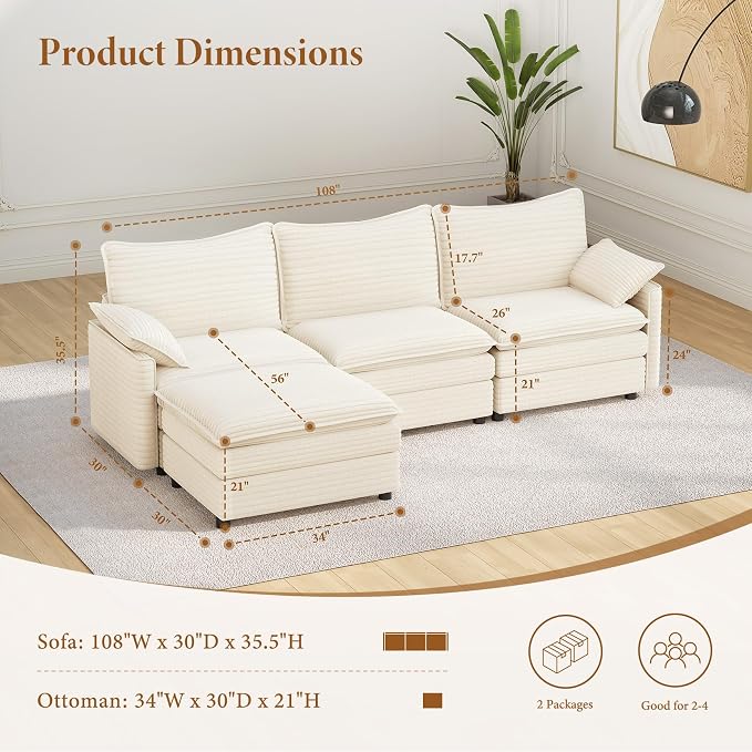 Vesgantti 108" Cloud Couch for Living Room, Deep Seat Sectional Modular Sofa - Image 2