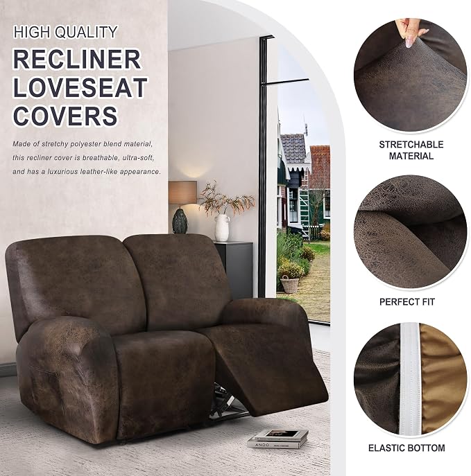 ANARACHON Leather Look Loveseat Recliner Cover, 6-Pieces Stretch Dual Recliner - Image 5