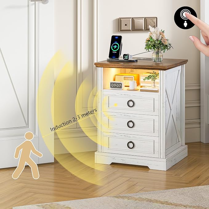 Nightstand Set 2 with Charging Station, Farmhouse End Side Table with 3 Drawers - Image 5
