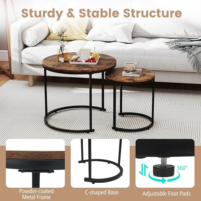 Giantex Nesting Coffee Table Set of 2, Round Stacking Side Tables w/Wooden - Image 7