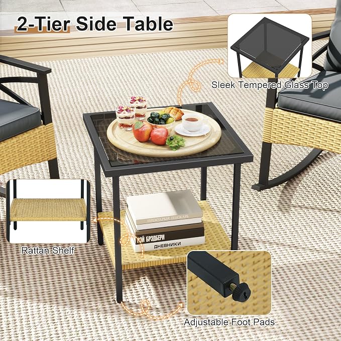 Tangkula 3 Pieces Outdoor Rocking Chairs Set, Rattan Heavy Duty Cushioned - Image 8