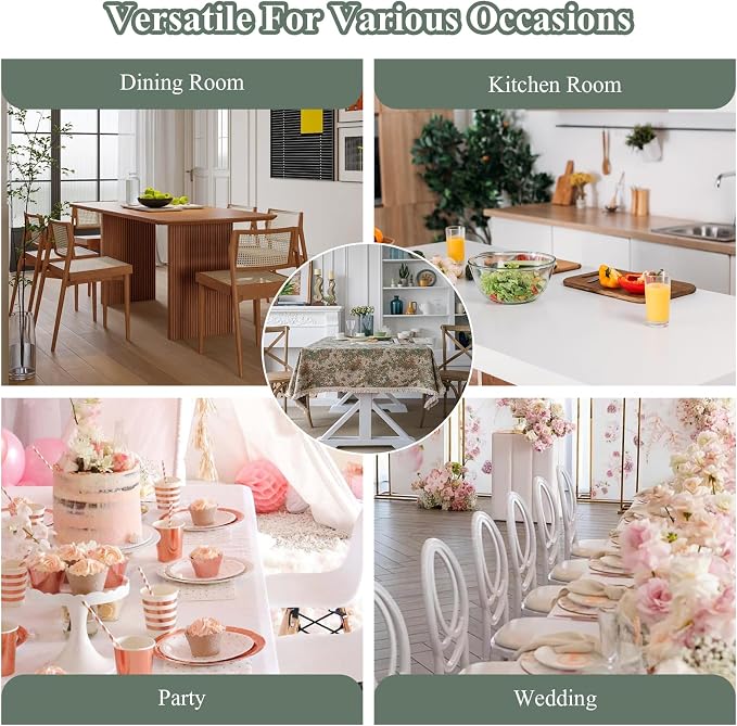VClife Aesthetic Green and Beige Floral Table Cloth, Linen Texture Table Cloth - Image 3