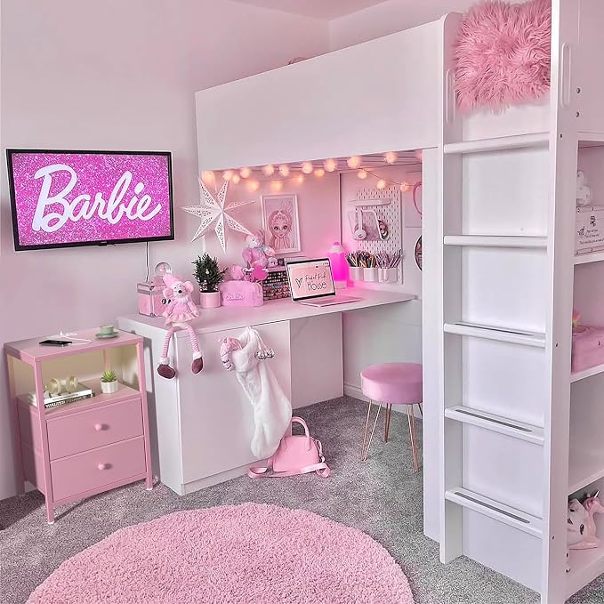 BOLUO Pink Nightstand with Charging Station, LED Night Stand with 2 Fabric - Image 7