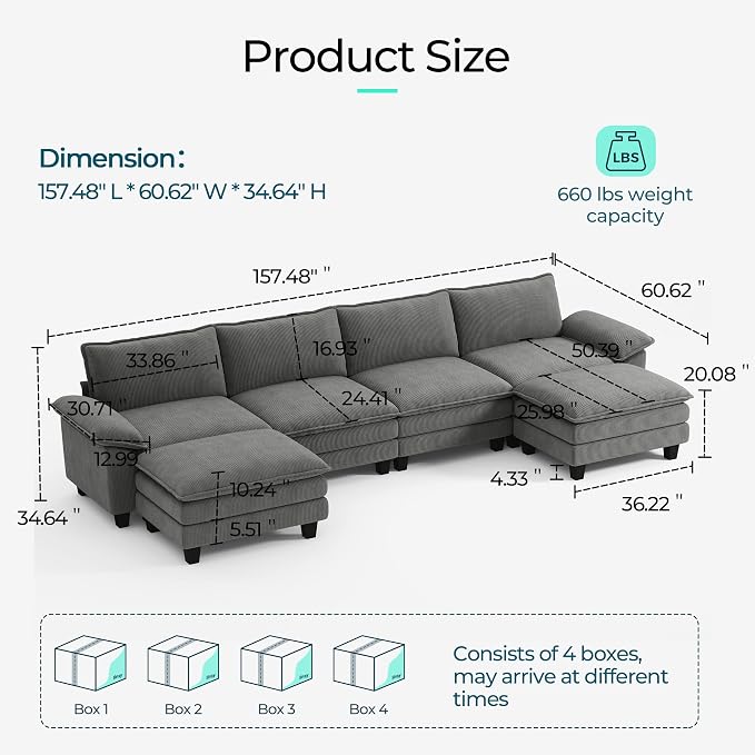 LINSY HOME 157" Modular U-Shaped Sectional Sofa, 4-Seat Corduroy Modern Cloud - Image 2