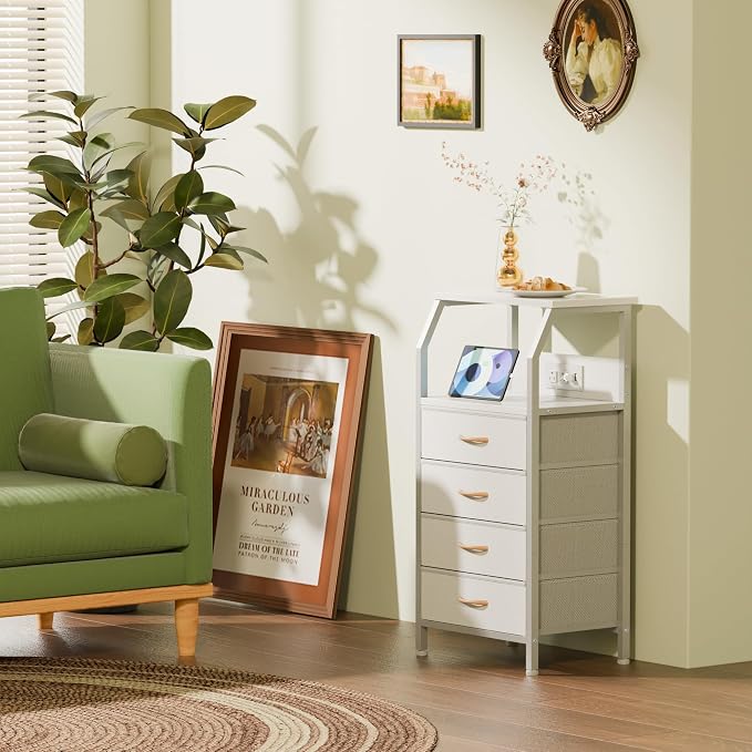 Furnulem Night Stand with Charging Station, Dresser with PVC & Fabric Drawers - Image 4