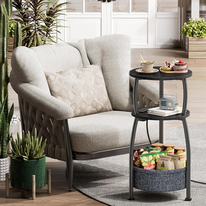 Round Side Table with Power Outlets, Small Coffee Table with S Basket, Space - Image 6