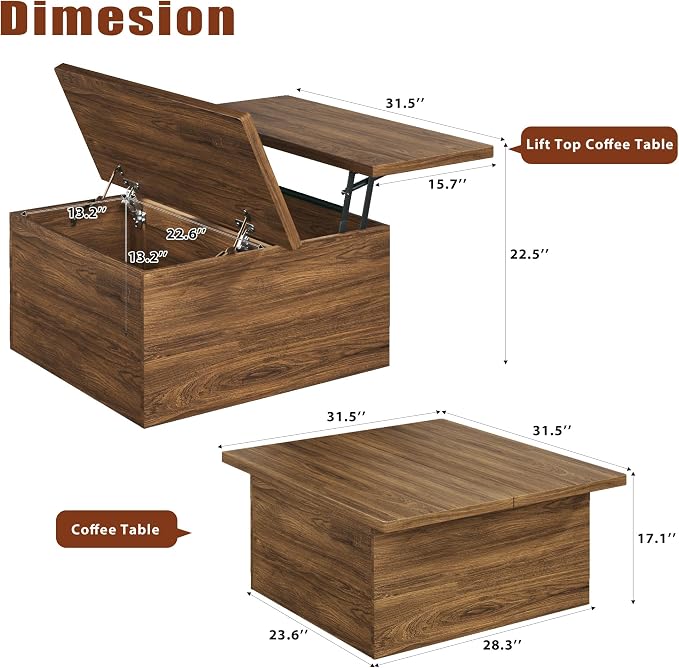 HUAHUU 31.5" Lift Top Coffee Table, 4 in 1 Square Coffee Table - Image 2