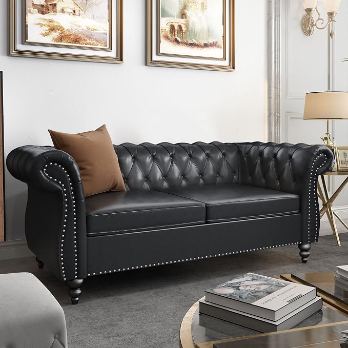 ORRD 2 Pieces Living Room Set, Chesterfield Leather Sofa Loveseat Couch - Image 8