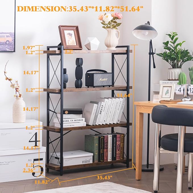 HCHQHS Bookshelf, 4-Tier Industrial Bookcase, Rustic Open Book Shelf, - Image 3